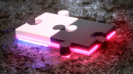 Glowing Neon Puzzle Pieces – Concept of Connection and Innovation, symbolize collaboration, technology, and the idea that every part contributes to a bigger picture