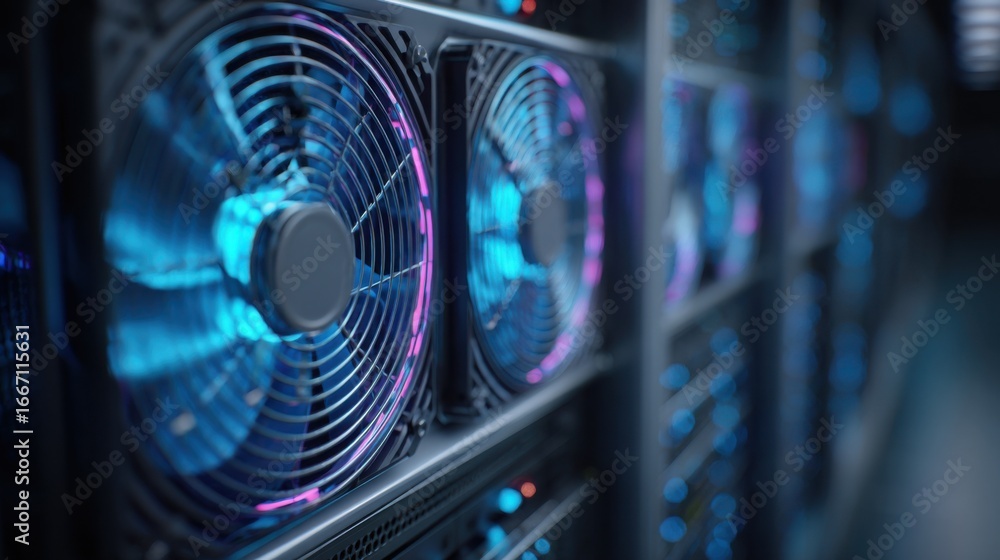 Poster detailed shot of cooling fans spinning on a hightech server unit while the grid of servers behind is