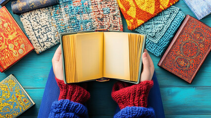 Woman reading a book, top view 