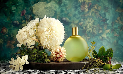 Bottle of shower gel, body oil, aroma spray surrounded by Viburnum Opulus Flowers – Elegant Background for Beauty Branding, fresh, natural, and luxurious setting
