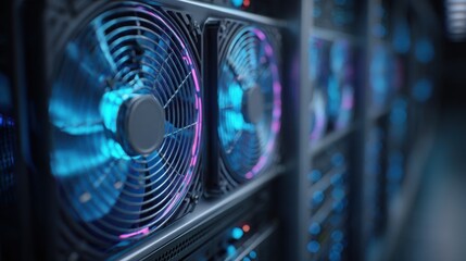 Detailed shot of cooling fans spinning on a hightech server unit while the grid of servers behind is softly out of focus highlighting virtual mileage logging.