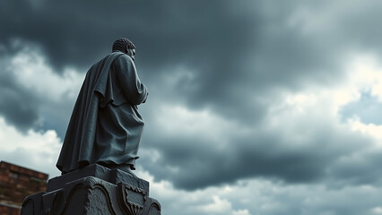 Fototapeta premium Stone Statue Contemplating a Dramatic Stormy Sky