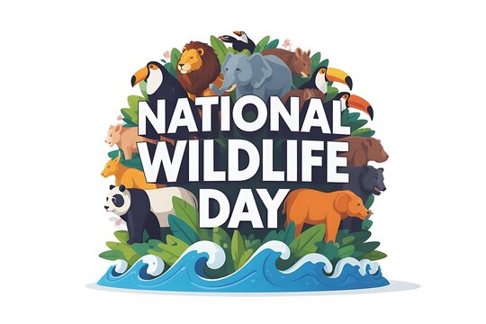 Celebrate National Wildlife Day with this adorable animal illustration featuring a lion, elephant, toucan, kangaroo, panda, and bears in nature