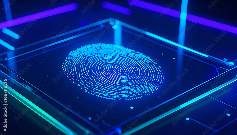 Poster digital fingerprint authentication: the intricate patterns of a digital fingerprint, glowing with fu