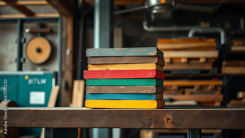 Poster stack of colored wooden blocks on rustic shelf in industrial setting