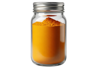 A clear glass jar filled with vibrant orange turmeric powder is centrally positioned against a plain black background.