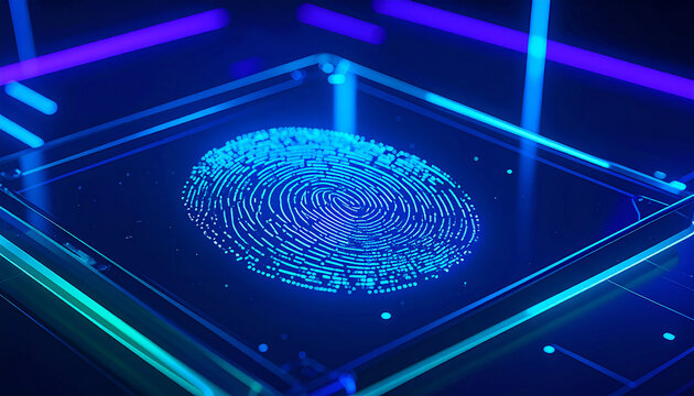 Digital Fingerprint Authentication: The intricate patterns of a digital fingerprint, glowing with futuristic blue light, symbolize the security and authentication processes of modern technology.