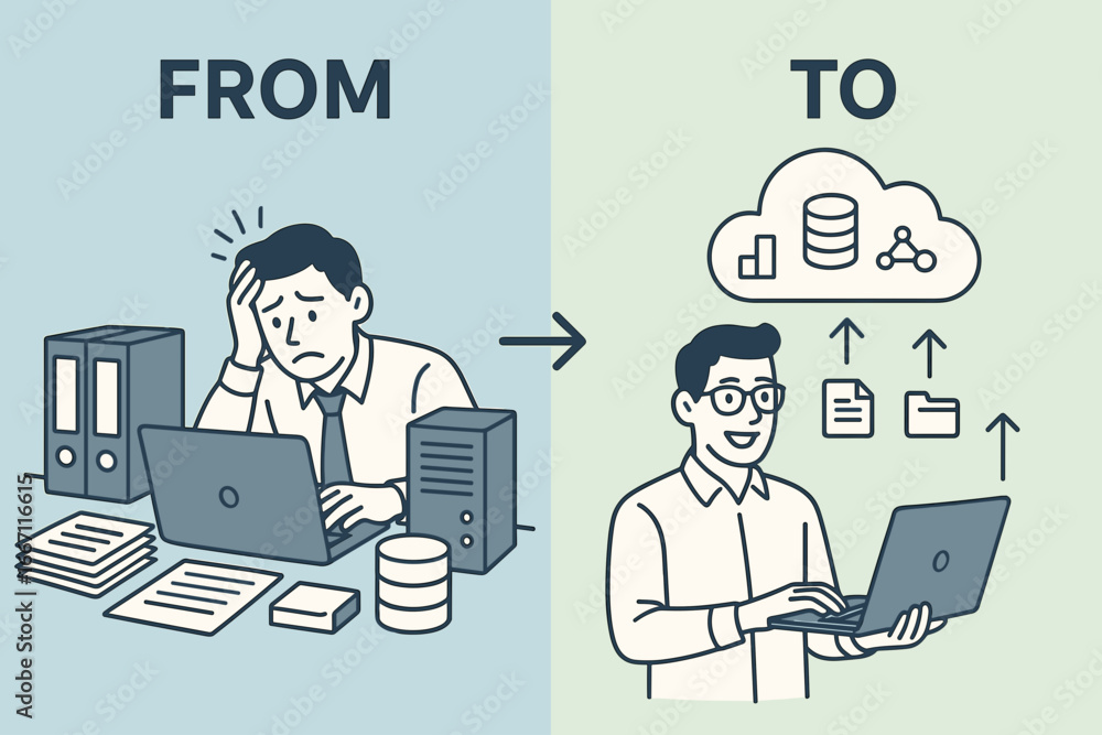 Aufkleber flat vector illustration showing transition from stressed man with paperwork to happy man using clou