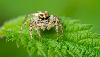 Jumping Spider on Green Leaf.