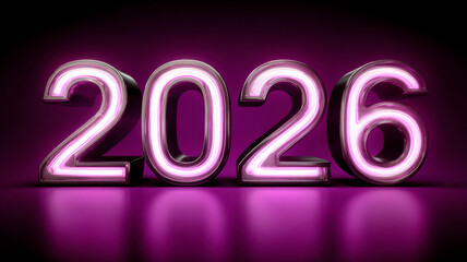 Neon 2026 numbers glowing in purple light on dark background