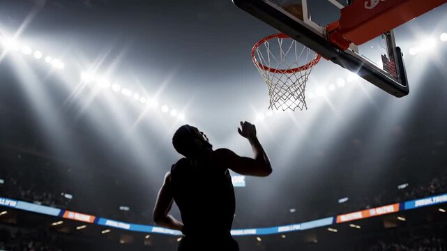 Basketball Player Silhouette Dunk - A dramatic silhouette of a basketball player in mid-air, about to slam dunk the ball. The background features bright arena lights and a blurred crowd.