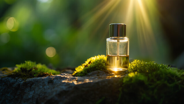 A clear glass bottle filled with golden liquid sits on a mosscovered rock, illuminated by warm sunbeams filtering through the forest
