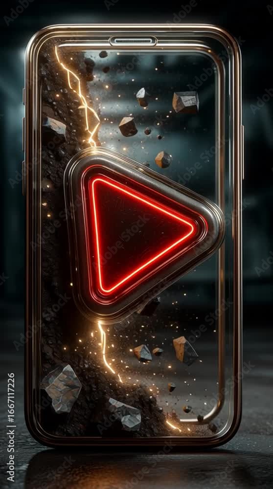 Poster digital revolution: a sleek smartphone showcases a striking 3d neon play symbol within a dynamic com