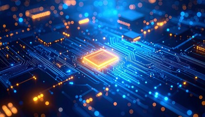 Obraz premium Close-up view of a semiconductor circuit design glowing with bright yellow lines across a cool blue-tinted surface, highlighting intricate electronic pathways in a futuristic and high-tech design
