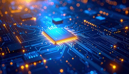 Obraz premium Close-up view of a semiconductor circuit design glowing with bright yellow lines across a cool blue-tinted surface, highlighting intricate electronic pathways in a futuristic and high-tech design
