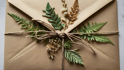 Kraft envelope with twine and pressed foliage