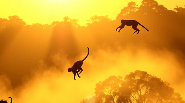 Monkey silhouettes leaping between mist-covered treetops at sunrise, glowing clouds in the background