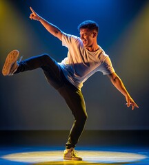 A young guy dances modern dances - Hip hop &middot; Crump &middot; Break dance,  Jazz funk, Jumpstyle,  Uprock and toprock,  Jerking, Turfing