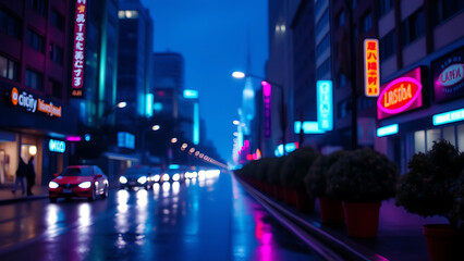 Rainy Purple City Street at Night