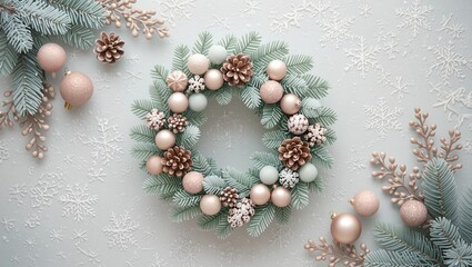 muted pastel holiday tones with soft wreath shapes, snow mist effect, warm and dreamy look