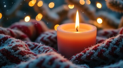 candlelit glow spilling over cozy knit textures, blurred snow in background, cinematic holiday lighting