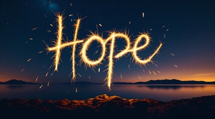 radiant spark trails across deep blue night sky, symbolizing hope and fresh start