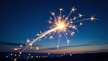radiant spark trails across deep blue night sky, symbolizing hope and fresh start