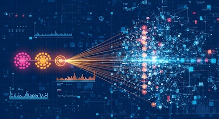 Abstract digital data stream transforming into a complex network of glowing nodes and lines, representing big data analysis and artificial intelligence
