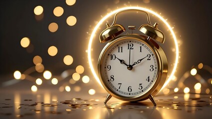 elegant gold clock nearing midnight, soft glowing halo, celebration of new beginnings