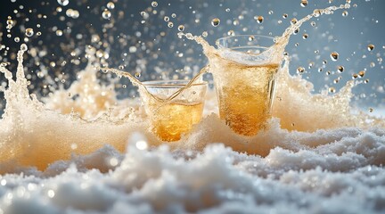 champagne splash captured midair, frozen golden droplets, dynamic celebration energy