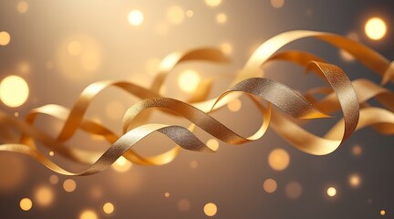 golden ribbon curls floating in soft focus light, abstract elegant party composition