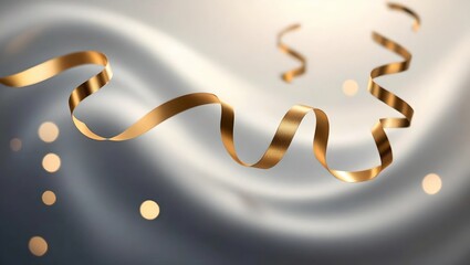golden ribbon curls floating in soft focus light, abstract elegant party composition