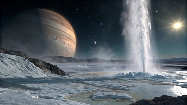 Stunning Jupiter view with ice geysers on alien exoplanet landscape