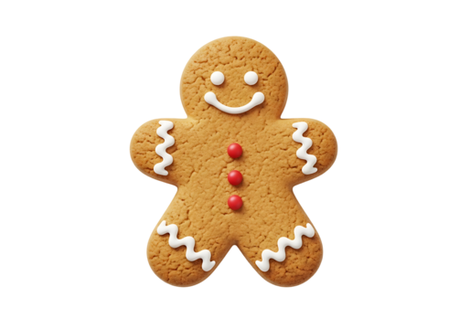 A delicious gingerbread man cookie, adorned with white icing and red candy dots, is presented against a black backdrop.