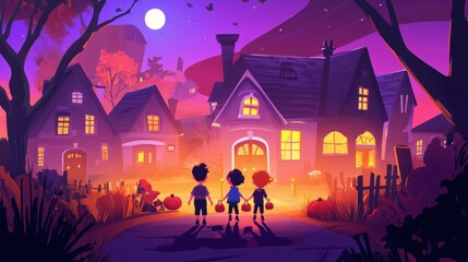 Children trick or treating on a halloween night in a spooky village