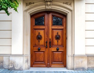 Ornate wooden double doors on a light beige building (1)