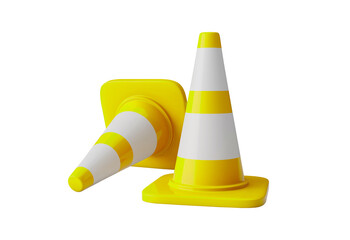 Two bright yellow traffic cones with white stripes isolated on transparent background