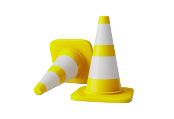 Two bright yellow traffic cones with white stripes isolated on transparent background