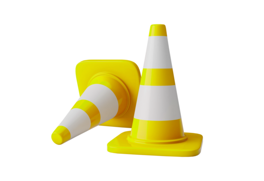 Two bright yellow traffic cones with white stripes isolated on transparent background