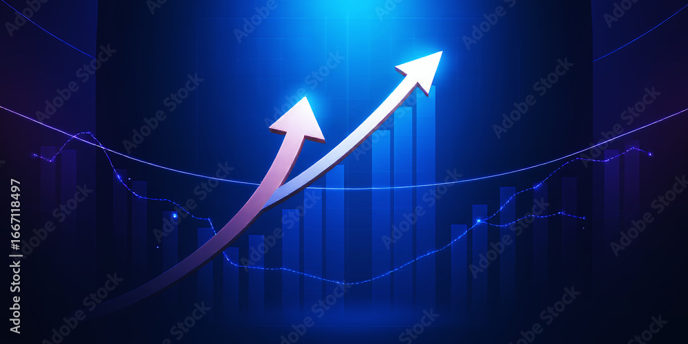 Poster two upward pointing arrows over a blue bar graph with wavy lines in the background