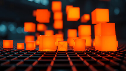 Obraz premium Glowing Orange Cubes on Dark Metallic Grid