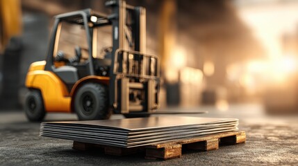 Steel sheets neatly stacked on pallets ready for distribution medium shot highlighting the shiny texture of sheets with a blurred forklift and warehouse environment behind.
