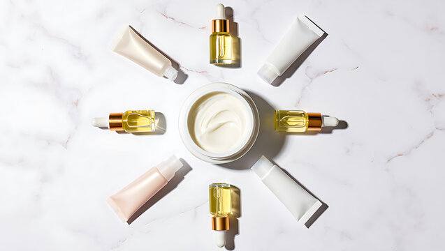 A luxurious collection of skincare products, including serums in dropper bottles and creams in tubes, arranged artfully on a white marble surface - Powered by Adobe