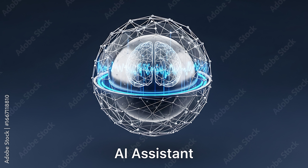 Poster digital brain inside a sphere with network connections and blue light on a dark background ai genera