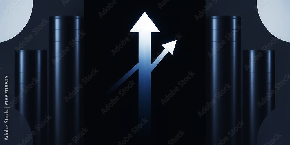 Aufkleber a dark background with cylindrical objects and a white arrow splitting into two directions