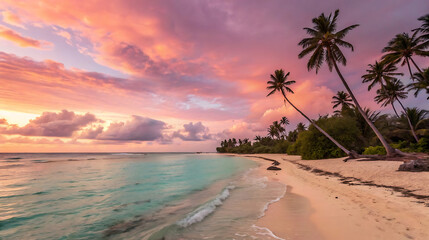 Beautiful sunset on a tropical beach with palm trees