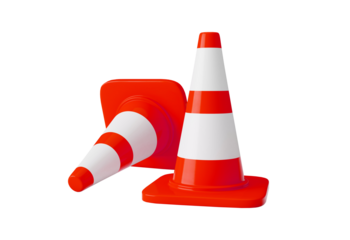 Two orange and white traffic cones isolated on transparent background