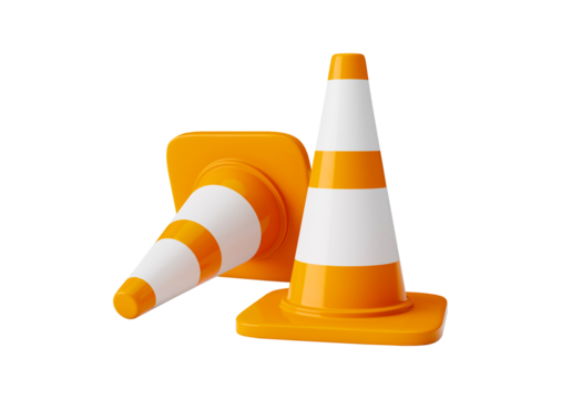 Two orange and white traffic cones isolated on transparent background