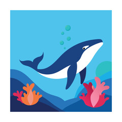 Fototapeta premium Blue whale swimming in ocean with coral marine life