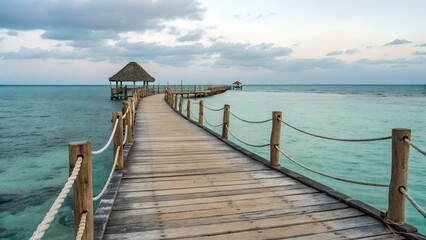 Obraz premium Wooden pier leading to a thatched hut over turquoise water